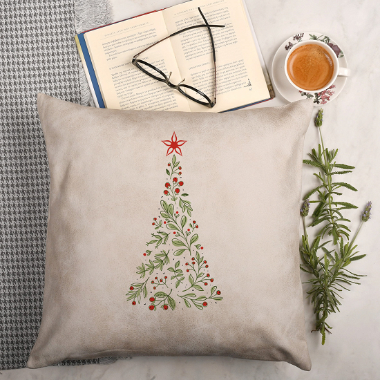 Flower Tree - Premium Μαξιλάρι Με Γέμιση Μπεζ Ανοιχτό Δερματίνη