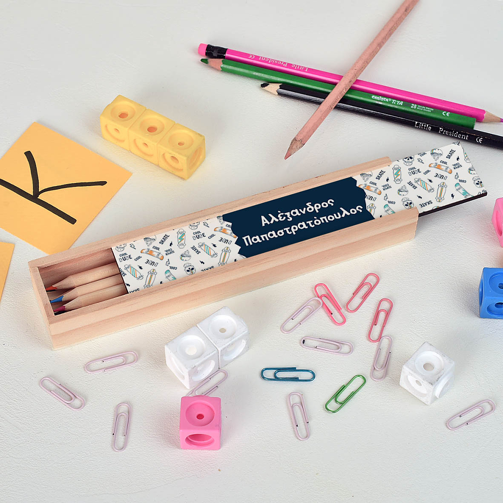 Skateboard - Κασετίνα Ξύλινη με Ξυλομπογιές