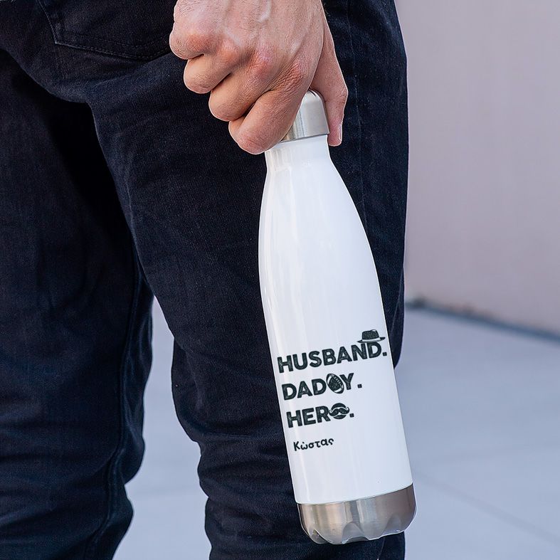 Husband, Daddy, Hero - Μπουκάλι θερμός 500ml - Λευκό