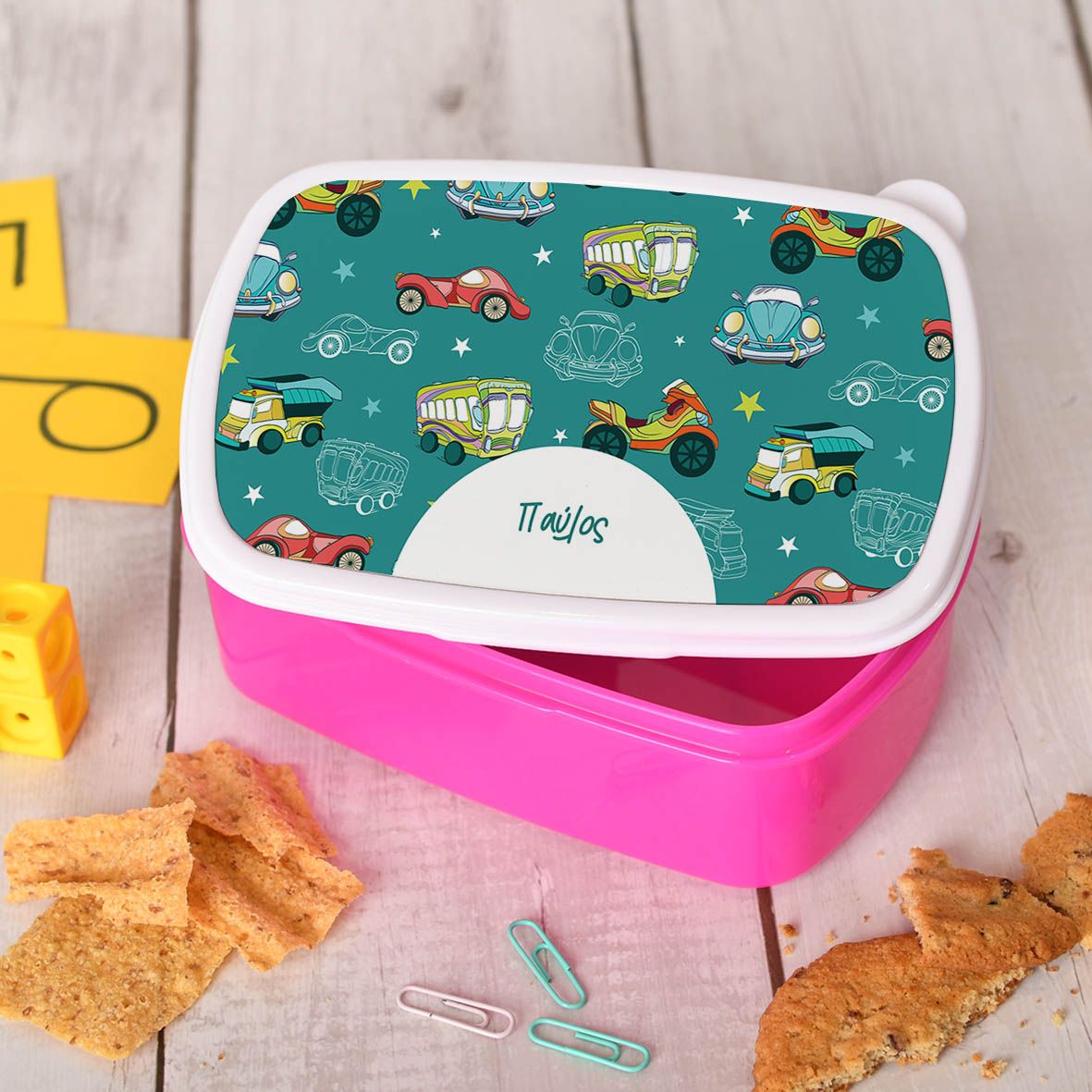 Car Pattern - Σχολικό Δοχείο Φαγητού - Ροζ