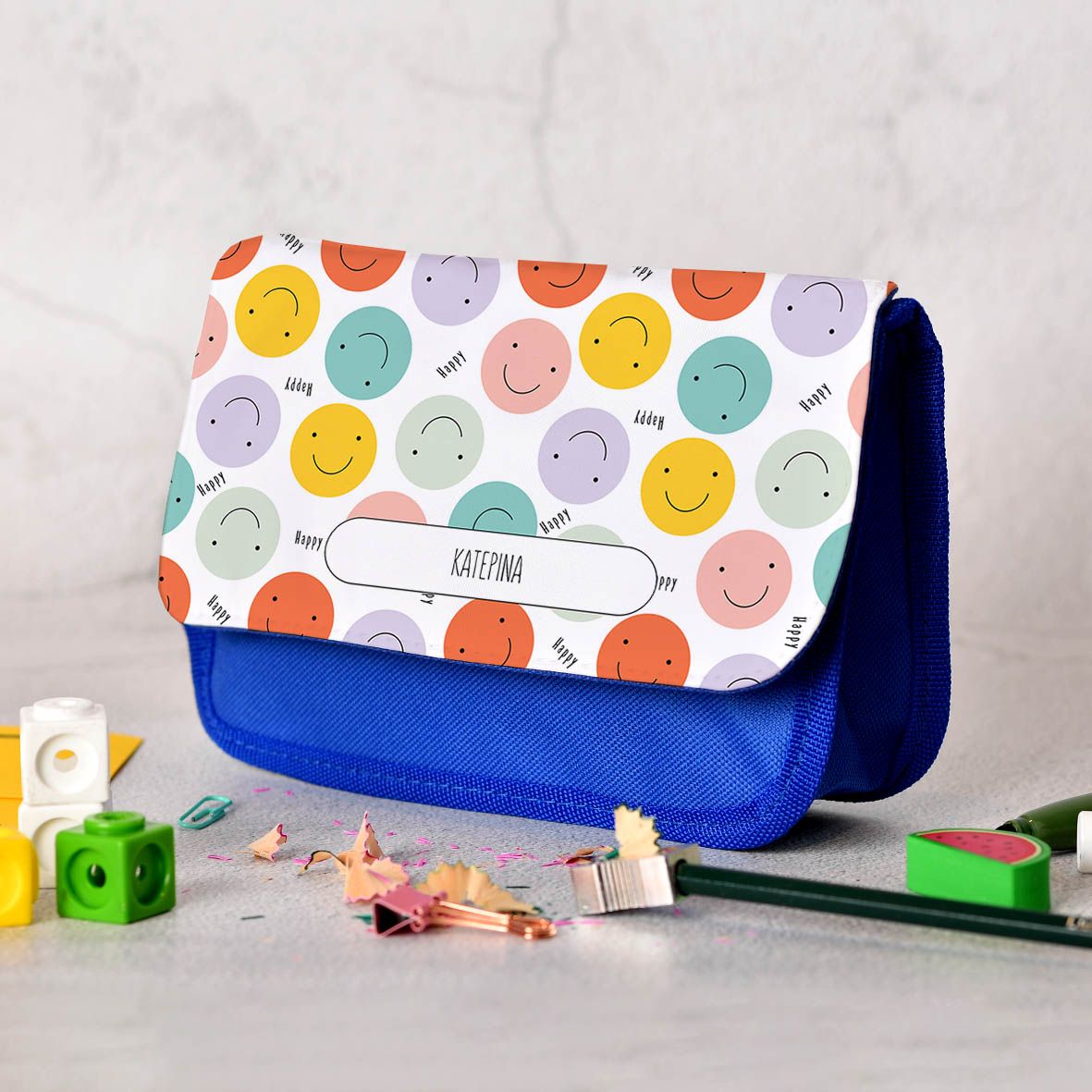 Happy Faces - Κασετίνα Υφασμάτινη - Μπλε
