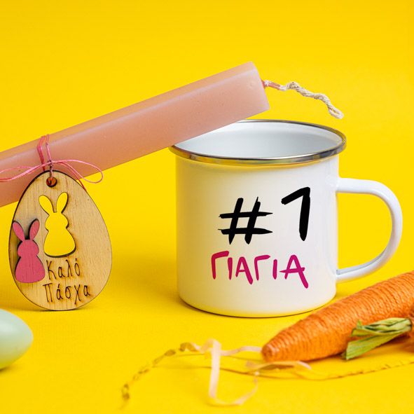 #1 Γιαγιά - Λαμπάδα Με Κούπα Vintage Εμαγιέ - Κερί Ροζ