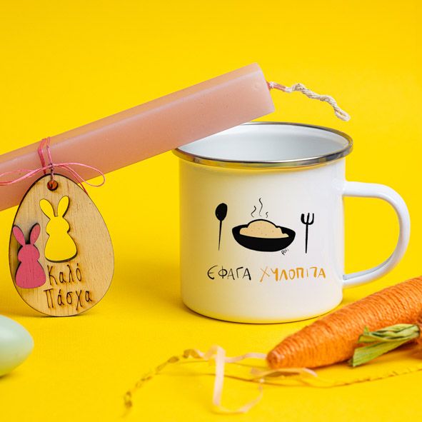 Έφαγα χυλόπιτα - Λαμπάδα Με Κούπα Vintage Εμαγιέ - Κερί Ροζ